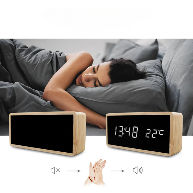 Despertador digital de madera con termómetro
