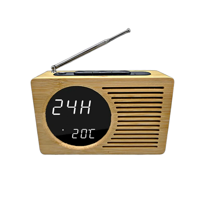 Radio despertador digital con diseño madera