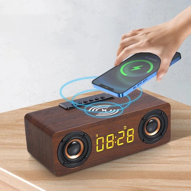 Despertador retro de madera con altavoz