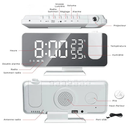 Radio despertador proyector de techo blanco