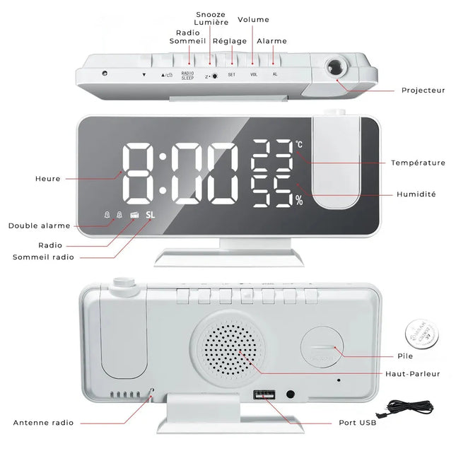 Radio despertador proyector de techo blanco