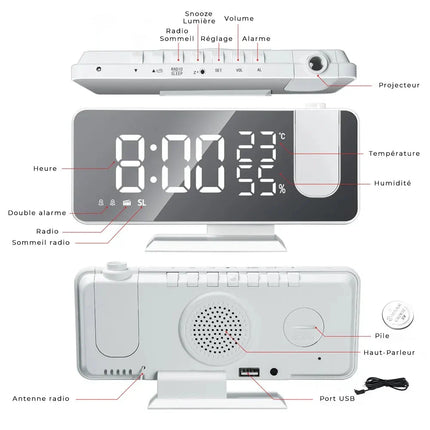Radio despertador proyector de techo blanco