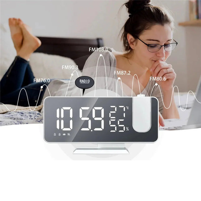Radio despertador proyector de techo blanco