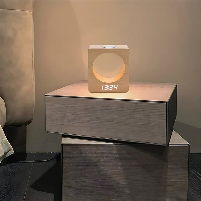 Despertador de madera con lámpara luna