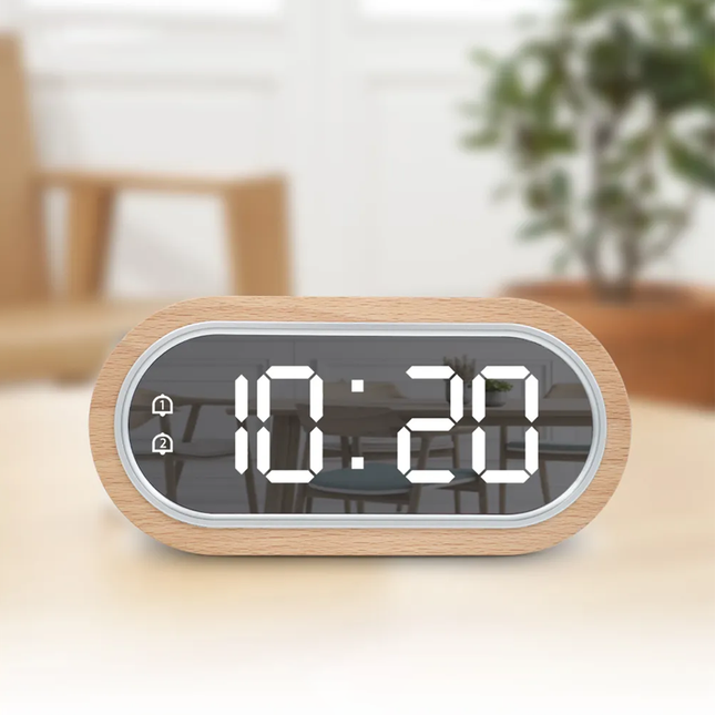 Despertador de madera con pantalla espejo