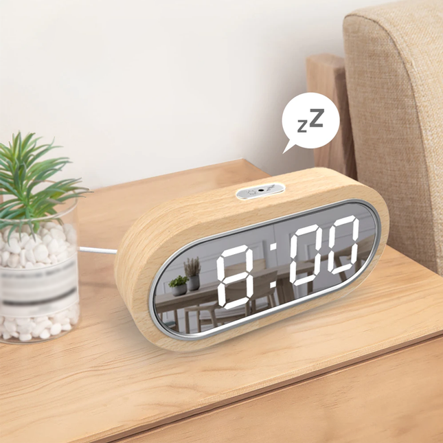 Despertador de madera con pantalla espejo
