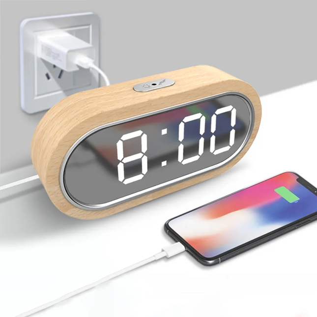 Despertador de madera con pantalla espejo