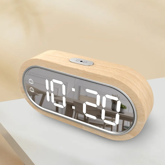 Despertador de madera con pantalla espejo