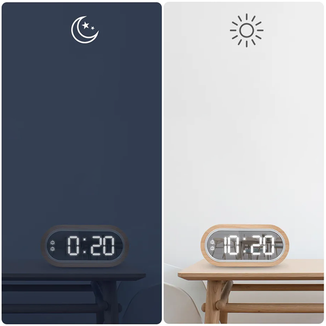 Despertador de madera con pantalla espejo
