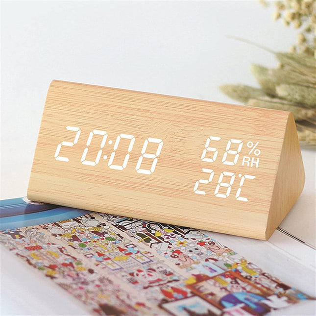 Reloj despertador digital de madera natural