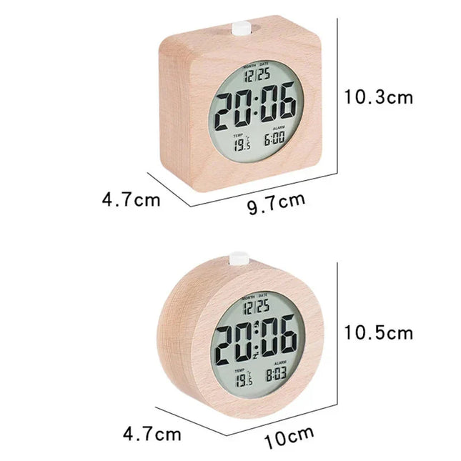 Reloj despertador digital con efecto madera
