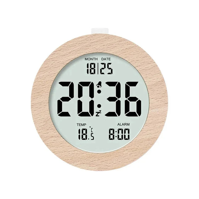 Reloj despertador digital con efecto madera
