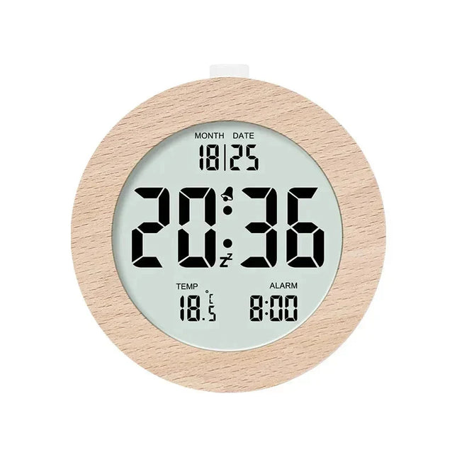 Reloj despertador digital con efecto madera