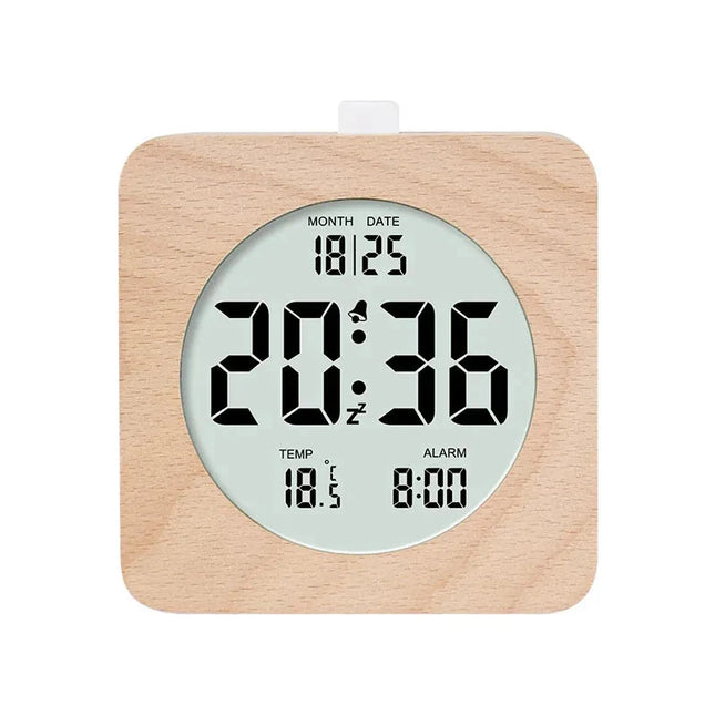 Reloj despertador digital con efecto madera
