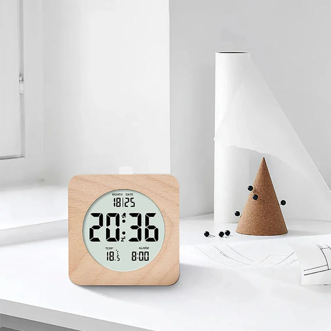 Reloj despertador digital con efecto madera