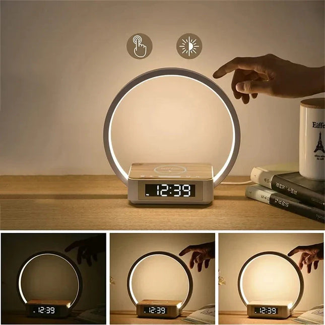 Lámpara con cargador inalámbrico y reloj