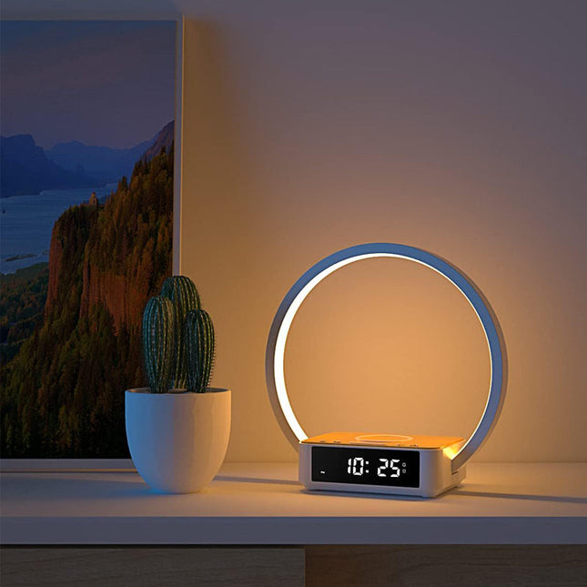 Lámpara con cargador inalámbrico y reloj