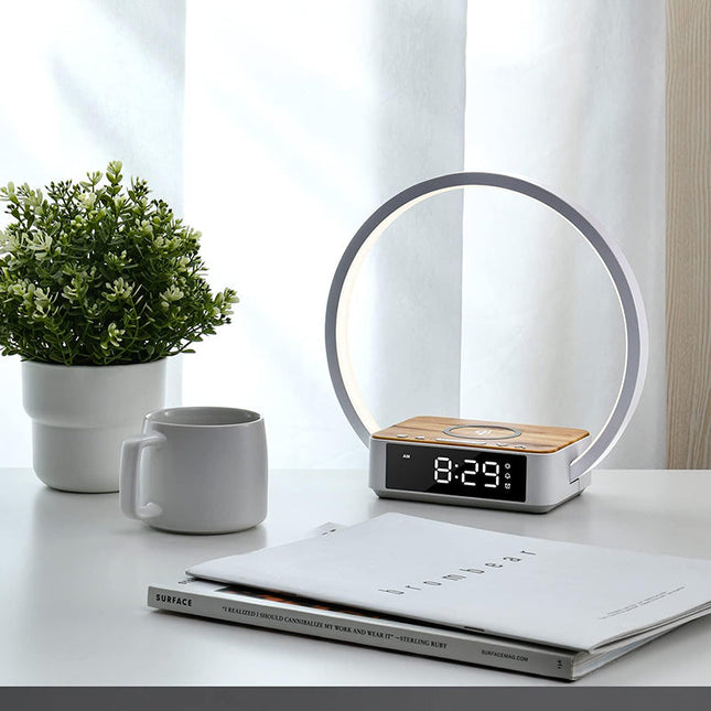 Lámpara con cargador inalámbrico y reloj